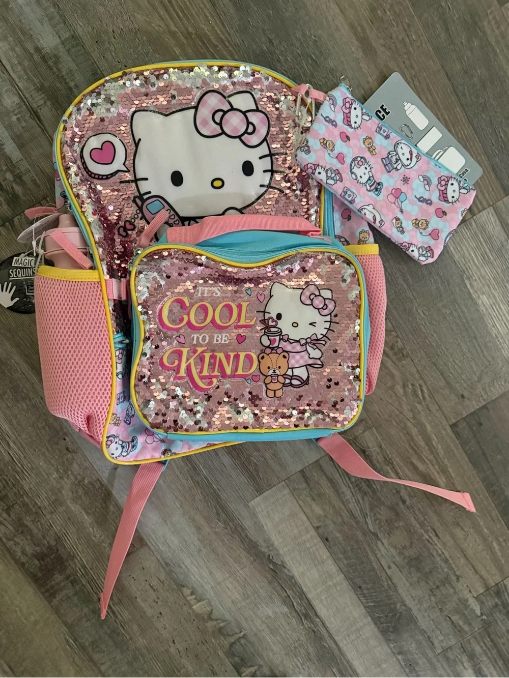 Hello Kitty Pink Sequin Kids Backpack with 'Cool to Be Kind' Front